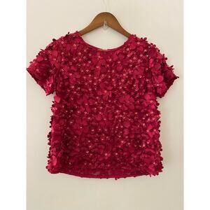 Anthropologie Varun Bahl Cranberry Red Floral Appliqué 3D Blouse Top EUC 0 India